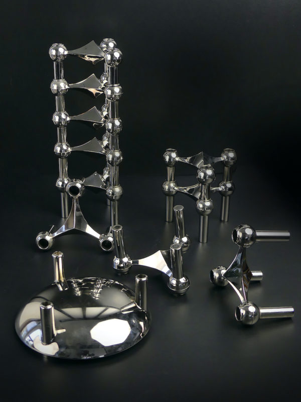 Set de 10 bougeoirs tripodes et coupelle en métal Fritz Nagel
