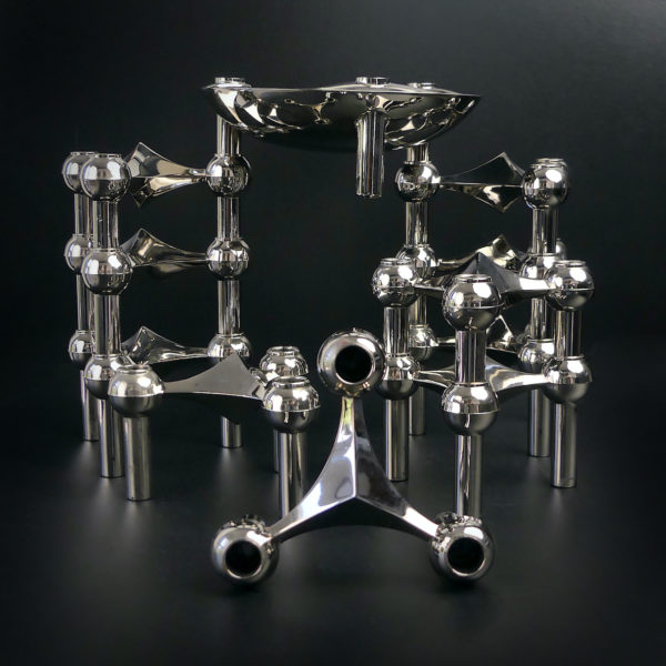 Set de 10 bougeoirs tripodes et coupelle en métal Fritz Nagel