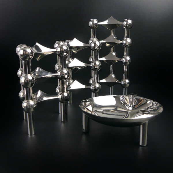 Set de 10 bougeoirs tripodes et coupelle en métal Fritz Nagel