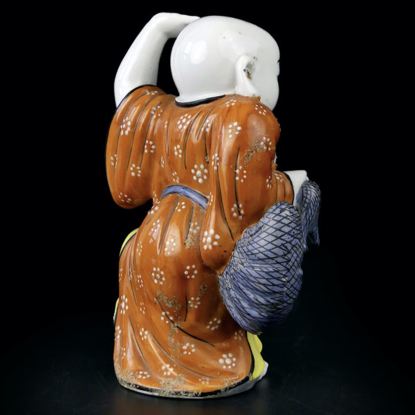 Charmante porcelaine Budai ancienne Bouddha rieur dansant (3/4 dos)