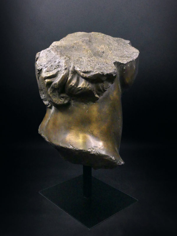 Grand fragment tête d’Apollon moulé à patine bronze sur pied métallique (3/4 dos)