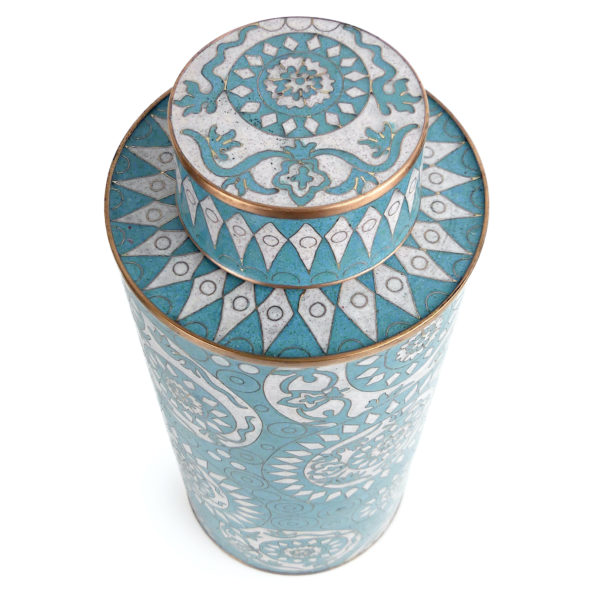 Pot long bleu et blanc en cloisonné Fabienne Jouvin (dessus 3/4)