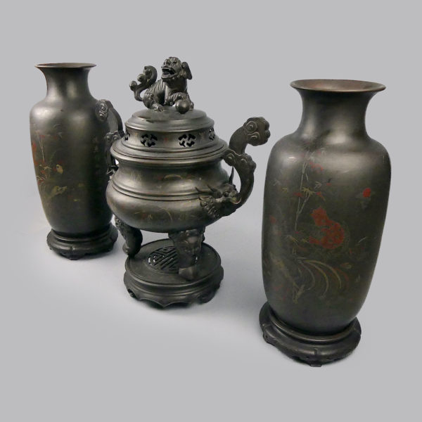 Grands brûle-parfum et vases vietnamiens en bronze niellé argent et cuivre XIXe (3/4)
