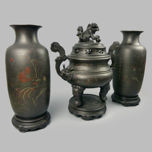 Grands brûle-parfum et vases vietnamiens en bronze niellé argent et cuivre XIXe (3/4)