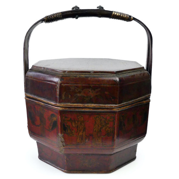 Bakul Sia chinois panier de mariage ancien en bambou laqué (face)