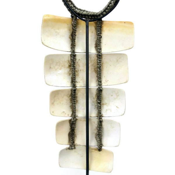 Collier papou en lamelles de coquillage sur base tressée sur socle (détail)