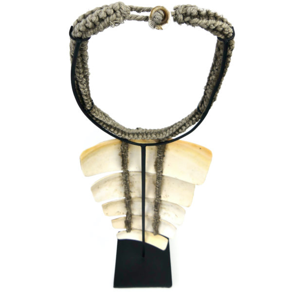 Collier papou en lamelles de coquillage sur base tressée sur socle (dessus)