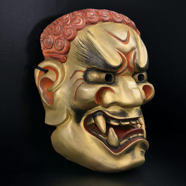Masque doré Fudō Myōō signé théâtre nô Acala Japon Ère Heisei (3/4)