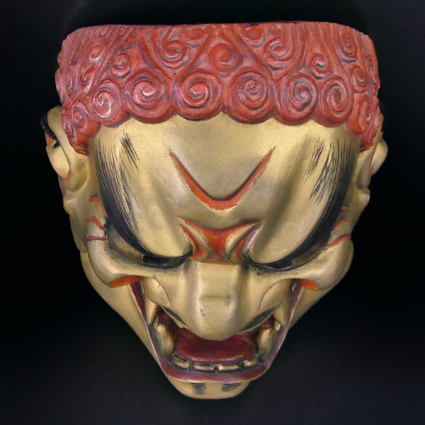 Masque doré Fudō Myōō signé théâtre nô Acala Japon Ère Heisei (dessus)