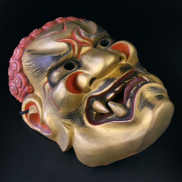 Masque doré Fudō Myōō signé théâtre nô Acala Japon Ère Heisei (3/4)