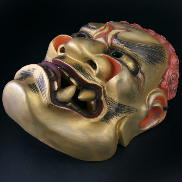 Masque doré Fudō Myōō signé théâtre nô Acala Japon Ère Heisei (3/4)