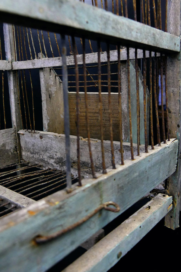 Grande cage à oiseaux ancienne fabriquée à la main en bois et fer (détail)