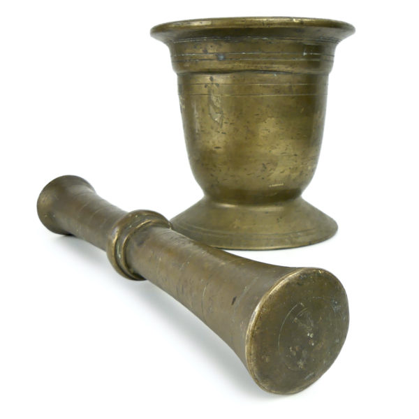 Mortier de comptoir ancien et pilon d’officine en bronze Mi-XIXe (3/4)