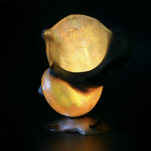Lampe d’ambiance tahitienne coquillage Turbo Marmoratus vert et nacre (allumée profil)