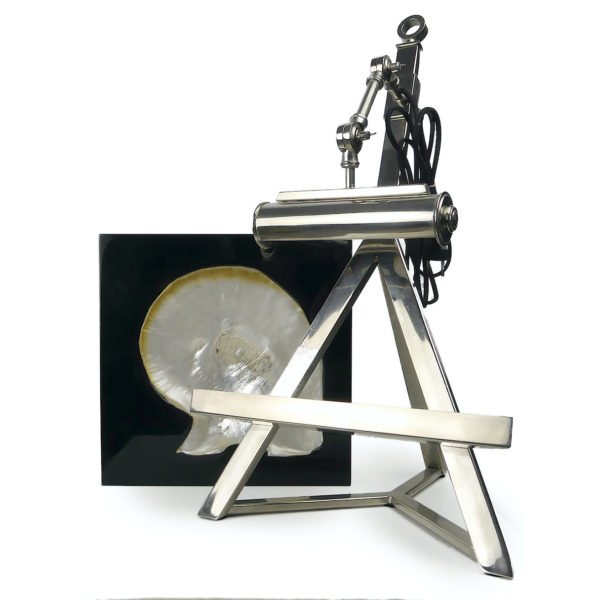 Grande coquille d’huître perlière Pinctada maxima inclusion sur chevalet (détail)