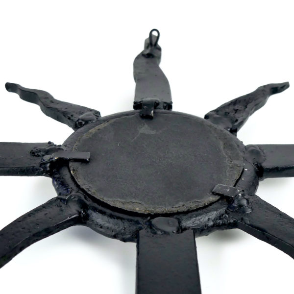 Petit miroir soleil noir œil de sorcière bombé métallique Mi-XXe (détail dos)