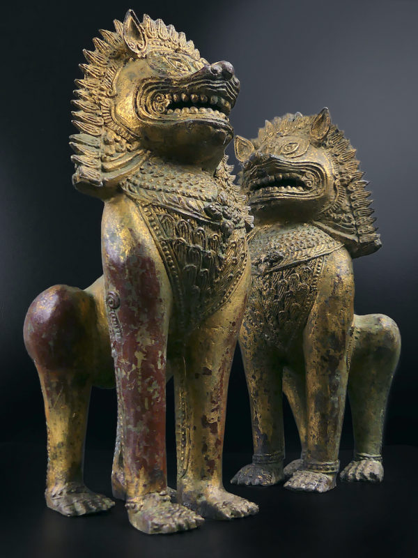 Paire de lions Singha en bronze gardiens de temple Chiens de fô Thaïlande (3/4)