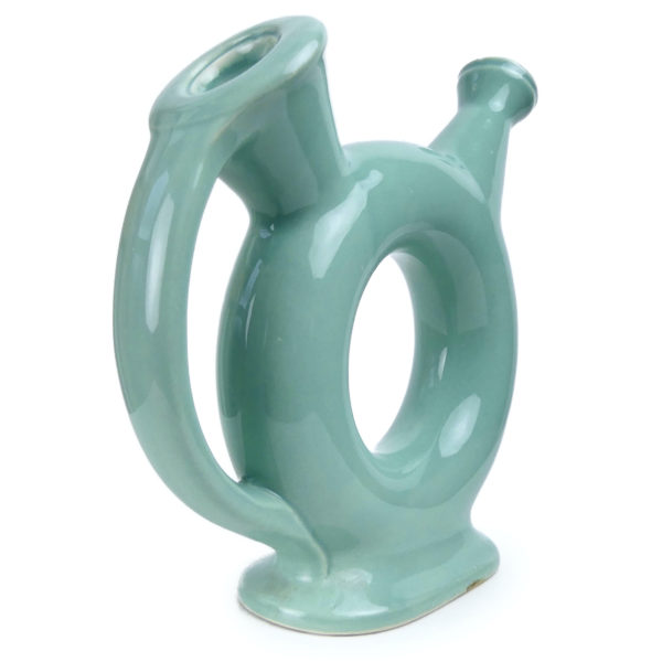 Carafe toroïdale en céramique bleu vert type céladon Années 70 (3/4 dos)