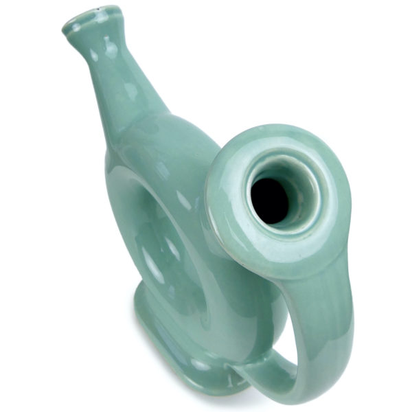 Carafe toroïdale en céramique bleu vert type céladon Années 70 (dessus 3/4)