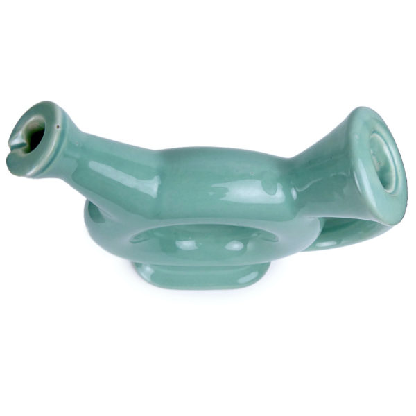 Carafe toroïdale en céramique bleu vert type céladon Années 70 (dessus)