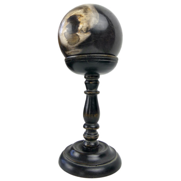 Boule de bois pétrifié du Miocène sur pied en bois tourné noir (3/4)