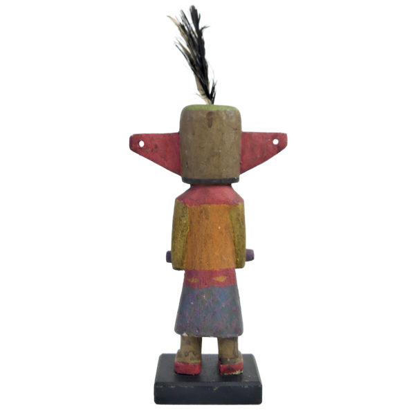 Poupée Kachina à petit bec et oreilles triangulaires Hopi en bois sur socle (dos)