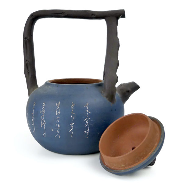 Théière chinoise bleue ancienne en argile rouge de Yixing (ouverte)