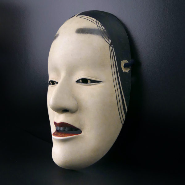 Masque princesse Sakagami en bois Théâtre Nô Semimaru Ère Heisei (3/4)