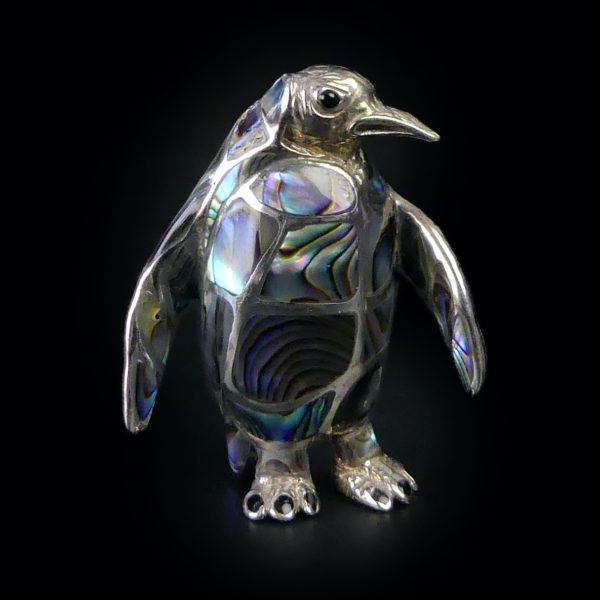 Broche pendentif Pingouin en nacre d'ormeau et argent sterling (face)