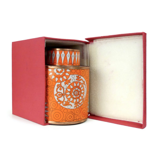 Pot à thé orange et blanc en cloisonné signé Fabienne Jouvin (coffret)