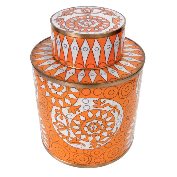 Pot à thé orange et blanc en cloisonné signé Fabienne Jouvin (dessus 3/4)