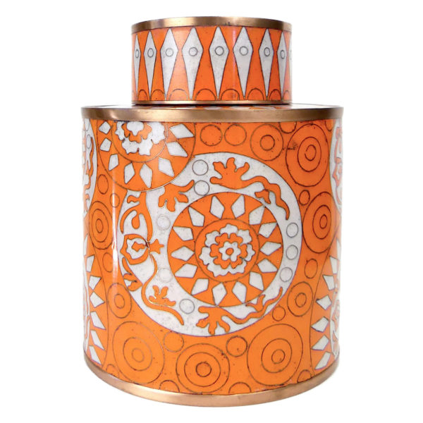 Pot à thé orange et blanc en cloisonné signé Fabienne Jouvin (face)