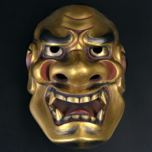 Masque doré Shishiguchi Gueule de lion du théâtre nô bois de cyprès doré (face)