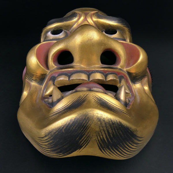 Masque doré Shishiguchi Gueule de lion du théâtre nô bois de cyprès doré (dessous 3/4)