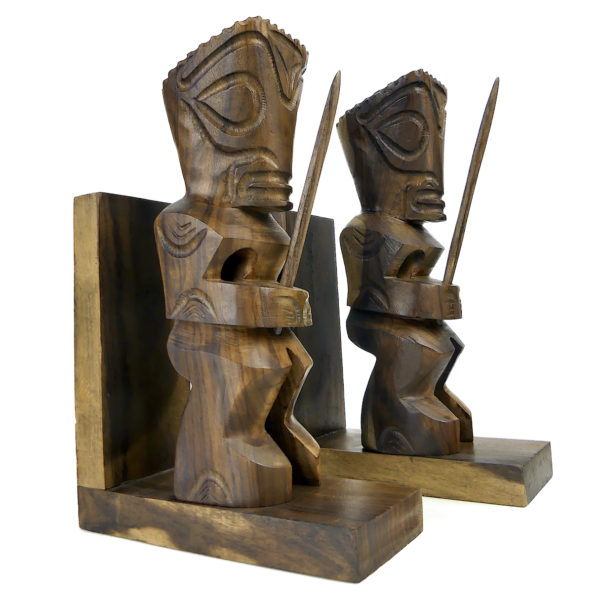 Paire serre-livres Tiki tahitiens anciens en bois bicolore Miro Mi-XXe (3/4)