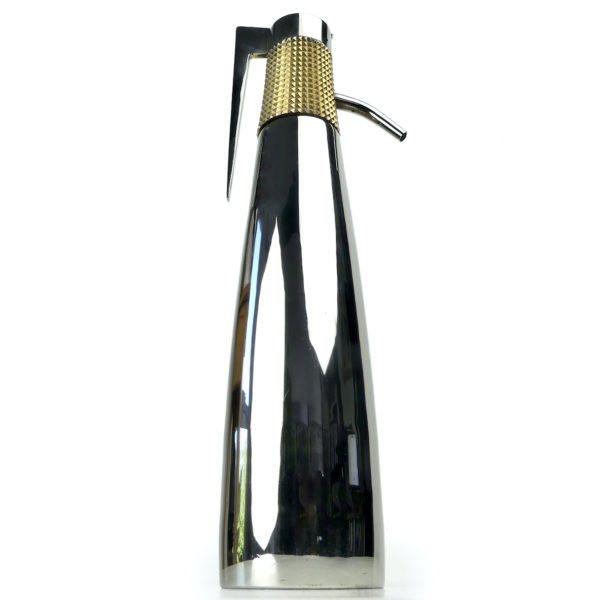 Siphon design à eau de Seltz Acier chromé Bague dorée Années 60 France (face)