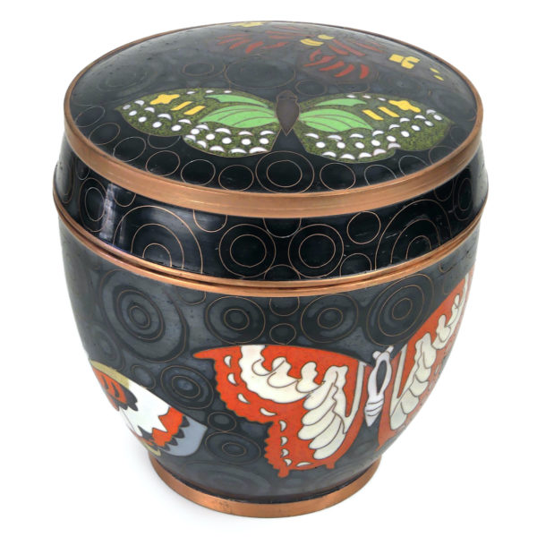 Pot rond noir papillons en cloisonné Fabienne Jouvin Paris (dessus 3/4)
