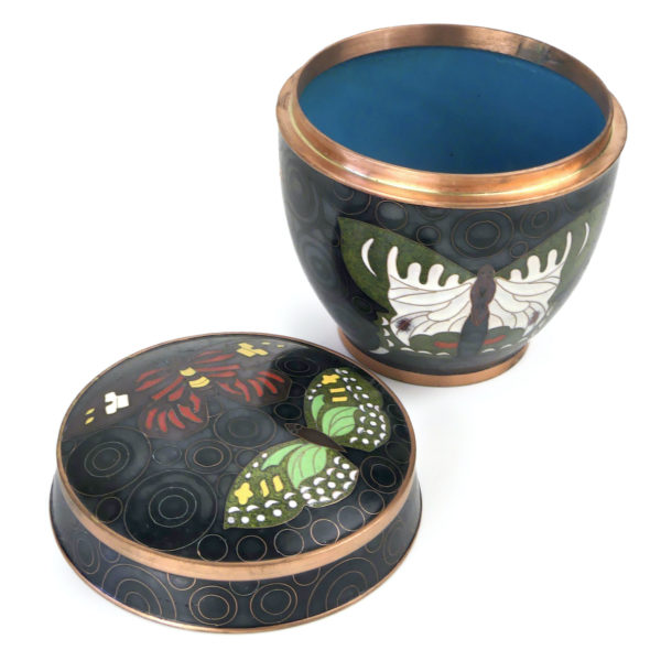 Pot rond noir papillons en cloisonné Fabienne Jouvin Paris (ouvert)