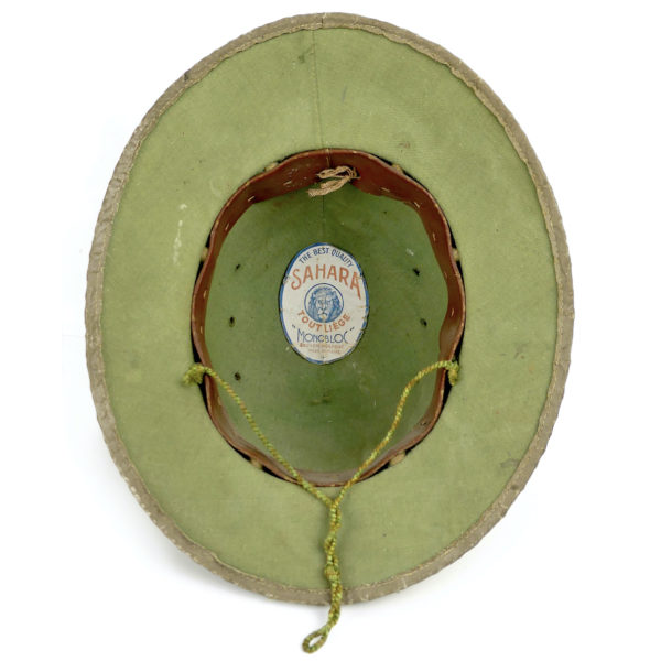 Casque colonial français Sahara salacot léger sable et vert France (dessous)