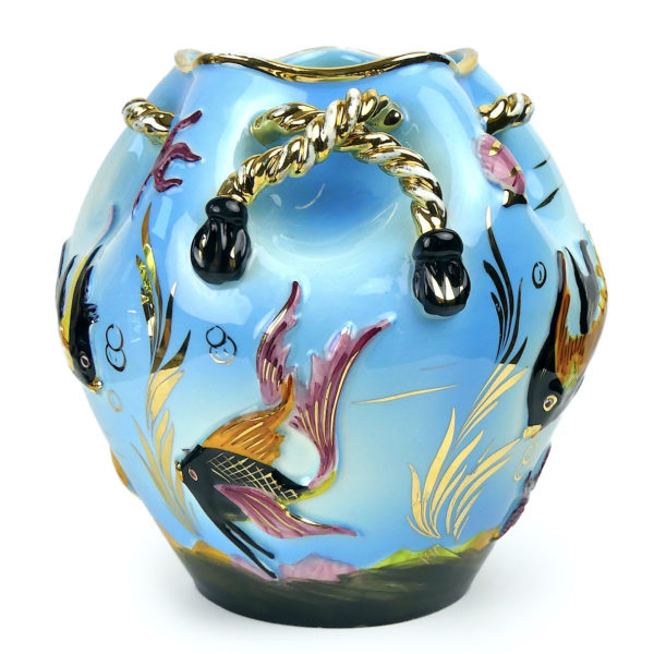 Vase boule Monaco Vallauris barbotine poissons et coquillages Cerdazur (face)