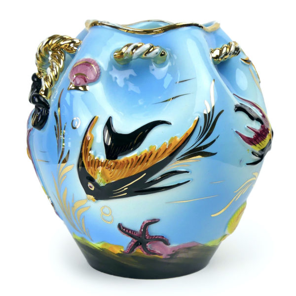 Vase boule Monaco Vallauris barbotine poissons et coquillages Cerdazur (profil)