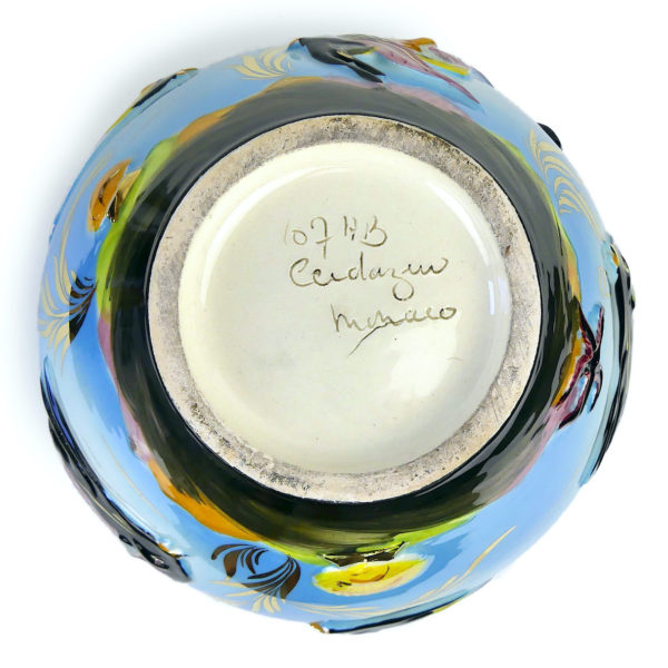 Vase boule Monaco Vallauris barbotine poissons et coquillages Cerdazur (dessous)