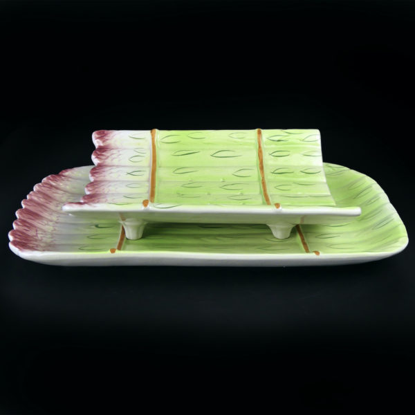 Service à asperges ancien égouttoir et plat en barbotine (profil)