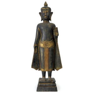 Bouddha thaïlandais debout ancien en bois doré Abhaya-mudrā Varada-mudrā (face)