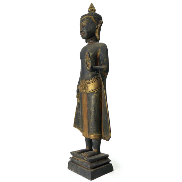 Bouddha thaïlandais debout ancien en bois doré Abhaya-mudrā Varada-mudrā (3/4)