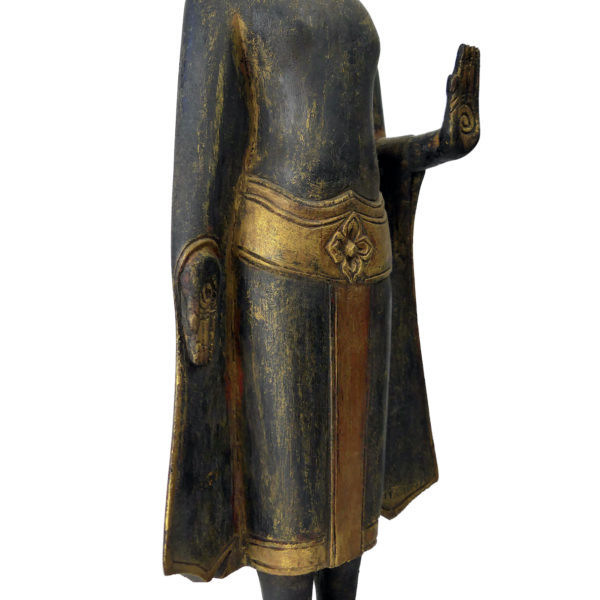 Bouddha thaïlandais debout ancien en bois doré Abhaya-mudrā Varada-mudrā (détail)