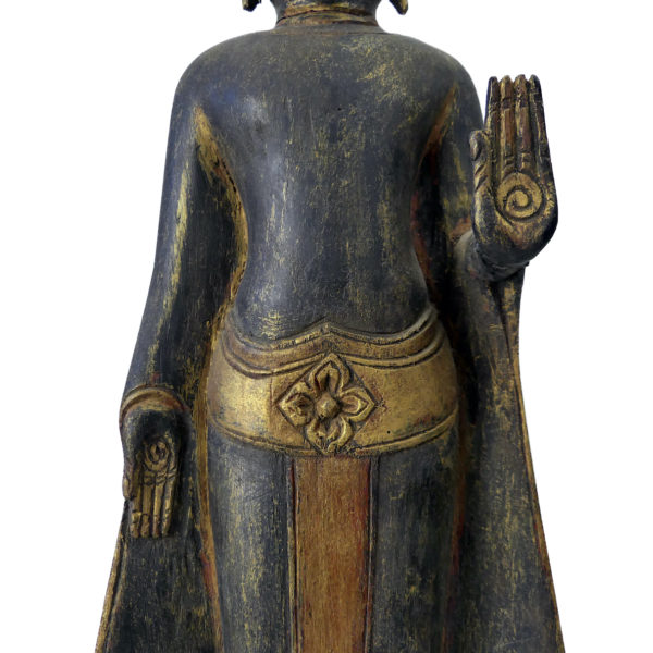 Bouddha thaïlandais debout ancien en bois doré Abhaya-mudrā Varada-mudrā (détail)