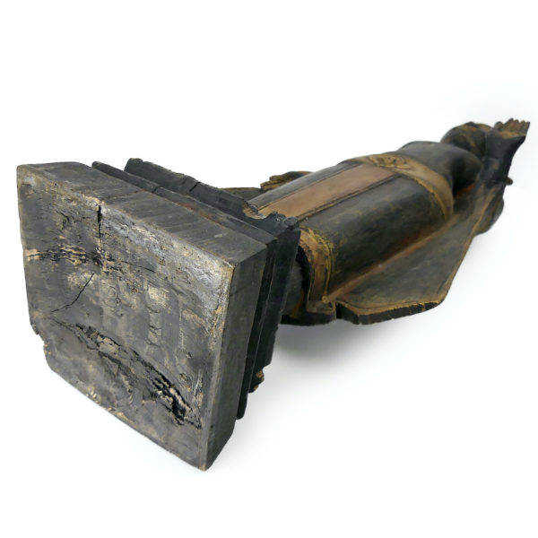 Bouddha thaïlandais debout ancien en bois doré Abhaya-mudrā Varada-mudrā (dessous)