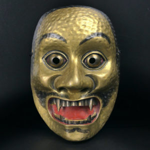 Masque Dei-Kibatobide doré signé du théâtre nô en Hinoki ère Shōwa (face)