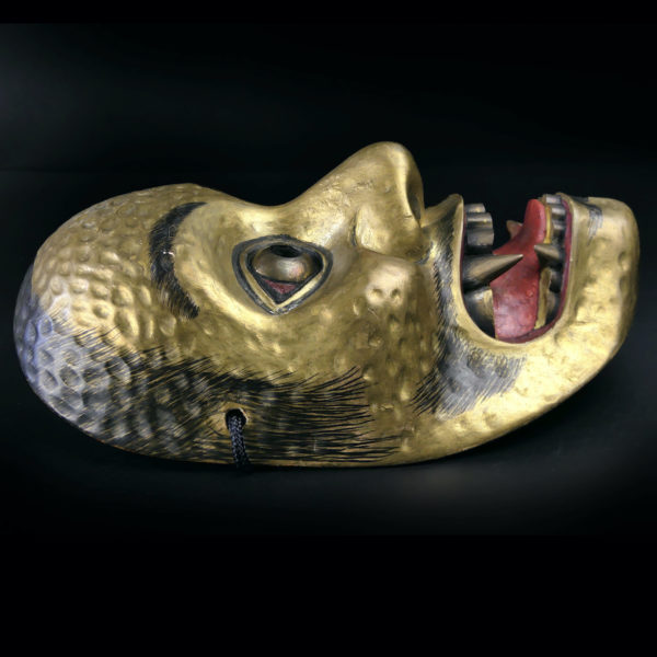 Masque Dei-Kibatobide doré signé du théâtre nô en Hinoki ère Shōwa (profil)